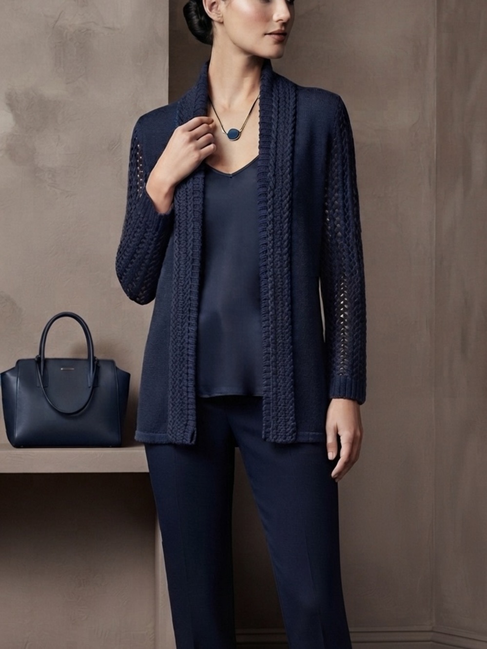 Elie Tahari navy open front sweater